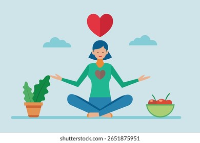 Vector illustration depicting mental well-being through meditation, healthy living, and self-esteem. Calm pastel colors, heart symbols, plants, and fruits convey health, happiness, and mindfulness.