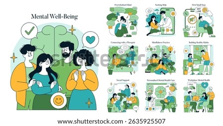 Vector illustration depicting mental well-being with supportive interactions. Scenes include therapy, mindfulness, healthy habits, and workplace mental health, promoting a balanced lifestyle.