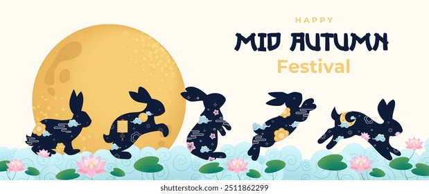 A Vector illustration depicting the Mid-Autumn Festival with playful rabbits beneath the moon, surrounded by lotus flowers, blending tradition and festivity.