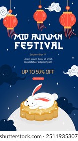 A Vector illustration depicting a Mid-Autumn Festival sale, featuring a rabbit on a mooncake with lanterns, integrating traditional elements with promotional themes.