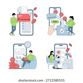 Vector illustration depicting mobile transactions and online shopping. Images show people using digital devices for financial management, completing purchases, and monitoring cryptocurrency trends.