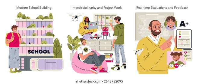Ilustração vetorial representando conceitos escolares modernos. Inclui um aluno em um prédio da escola, projeto interdisciplinar com tecnologia e avaliações em tempo real por um professor.