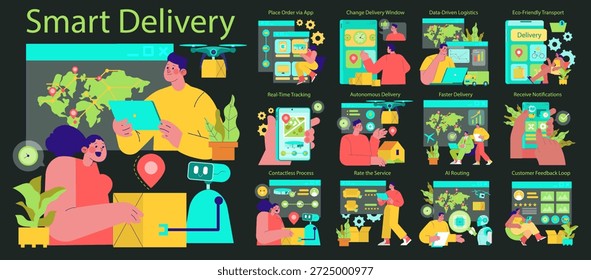 Ilustração vetorial representando um moderno sistema de entrega inteligente incorporando tecnologia. Apresenta indivíduos interagindo com dispositivos, mapas e drones para uma logística eficiente e ecológica.