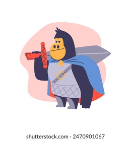 Vector illustration depicting a monkey as a warrior in armor with a sword and a blue cloak. Flat design of animal knight on fantasy themes. Superheroes cartoon animal concept.