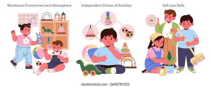 Vector illustration depicting a Montessori classroom environment with children engaging in independent play and self-care activities. Kids express curiosity and focus.