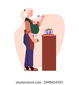 A vector illustration depicting a mother with a baby in a carrier enjoying a salad. The soft carrying material is accentuated, ideal for family-oriented design