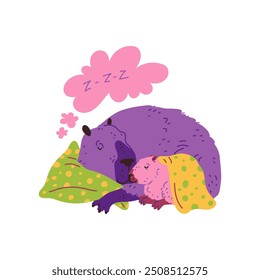 Ilustração vetorial representando uma mãe e bebê capivara em tons rosa e roxo. Ambos os personagens dormem tranquilamente com um travesseiro, cobertor e letras zzz. Ideal para cartões infantis. Estilo plano.