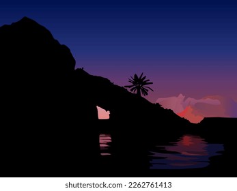 vector illustration depicting mountains and sunset sky with reflection in the water for interior design, scenes and other illustrations