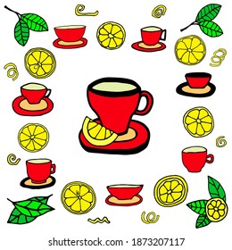 Vector illustration depicting a mug and lemons. The drawing is done in a doodle style.