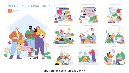 Ilustração vetorial representando uma família multi-geracional envolvida em várias atividades, como cozinhar, jardinagem e uso de tecnologia, mostrando interações entre grupos etários.