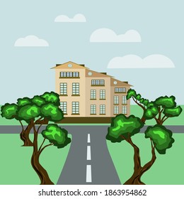 
vector illustration depicting a multi-storey building with a driveway and trees around