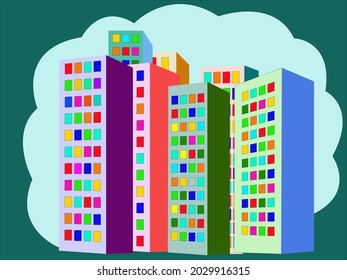 vector illustration depicting multi-storey city buildings in variegated colors for interior decoration, covers, books, albums in children's style