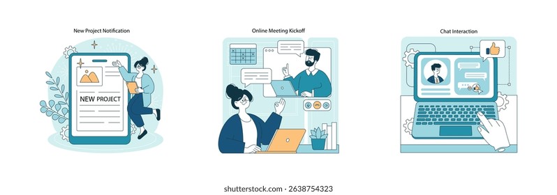 Vector illustration depicting a new project notification on a digital device, online meeting kickoff with two people engaged in discussion, and chat interaction on a laptop screen. - Powered by Shutterstock - Get 15% off with code: PIKWIZARD15