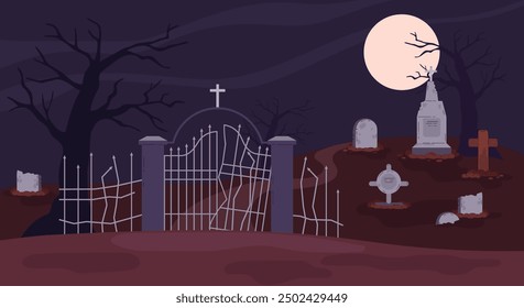 Ilustración vectorial que representa un paisaje nocturno en un cementerio. Un antiguo cementerio con lápidas, árboles desnudos y luna llena. Adecuado como una tarjeta de Halloween. Estilo plano de la historieta.