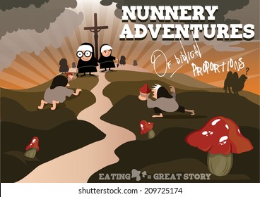 Vector illustration depicting nuns being offered mushrooms by the local people