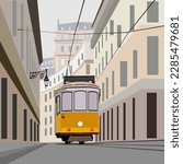 vector illustration depicting an old yellow tram on a city street for the design of illustrations, interiors and scenes in vintage style
