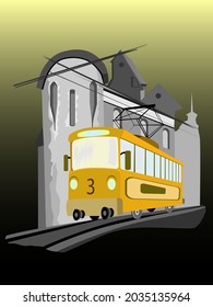 vector illustration depicting an old yellow tram on the background of the old city as a symbol of tourist attractions for wall decoration, banners and advertising of tourist and transport services