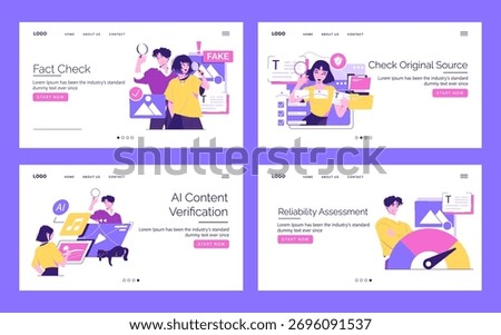 Vector illustration depicting online fact-checking actions, including identifying fake news, verifying AI content, and assessing reliability. People engage with digital tools for accuracy assurance.