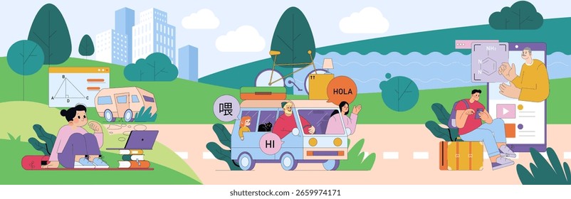 Ilustración vectorial que representa aprendizaje en línea, comunicación global y viajes. Las Personas se involucran en la educación remota, el diálogo internacional y la exploración, con expresiones de curiosidad y aventura
