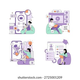 Ilustração vetorial mostrando cenas de aprendizagem on-line com alunos usando dispositivos digitais. Enfatiza a tecnologia educacional, os cursos interativos e o estudo em casa de forma criativa.