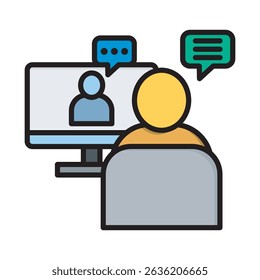 A vector illustration depicting an online meeting or video call, featuring two figures communicating through a computer screen