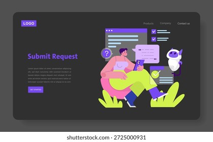 Ilustración vectorial que representa un proceso de Envío de solicitudes en línea. Una persona interactúa con una interfaz digital, acompañada de un chatbot, destacando la eficiencia y la comunicación moderna.