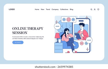 Vektorgrafik einer Online-Therapiesitzung. Eine Person sitzt auf einem Sofa und führt eine virtuelle Unterhaltung mit einem Therapeuten, die die Unterstützung der Telehealth symbolisiert.