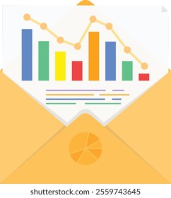 A vector illustration depicting an opened envelope with a document displaying colorful bar graphs, line charts, and data elements. Perfect for email marketing, financial analysis, data visualization.