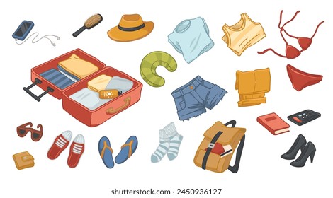 Vector illustration depicting organized travel items and open suitcase, ideal for travel and vacation themed designs, isolated on white.