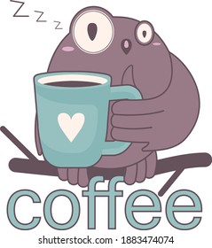 Vector illustration depicting an owl on a branch with a cup of coffee. Sleepy owl drinks coffee to be cheerful.Cartoon style. Sticker.
