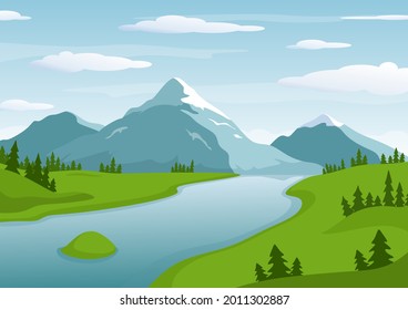 Vector illustration depicting a panorama of mountains, rivers, forests.