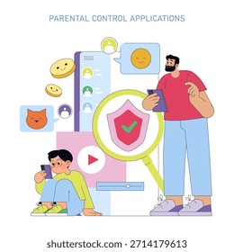 Vector illustration depicting parental control app usage. Adult supervises child using mobile device, surrounded by app icons for security and safety. Bright, engaging imagery.