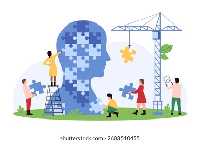 Vector illustration depicting people assembling a human head puzzle, symbolizing collaboration, problem-solving, and mental health. Ideal for teamwork and psychological topics.