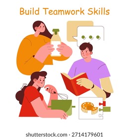 Ilustración vectorial que representa a personas que participan colaborativamente en actividades como leer, cocinar y resolver problemas. Enfatiza el trabajo en equipo, la cooperación y el desarrollo de habilidades.