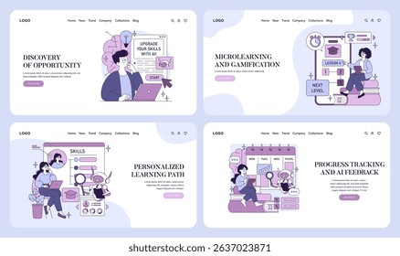Vector illustration depicting people engaging in online learning platforms using AI tools for skill enhancement, personalized learning paths, and progress tracking across various lessons.