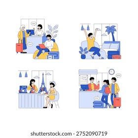 Vector illustration depicting people engaging in travel-related activities. Scenes include preparing, relaxing, and interacting in travel settings, with luggage and joyful expressions.