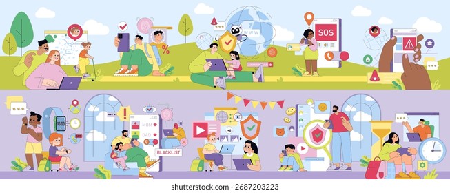 Vektorgrafik, die Menschen zeigt, die mit Technologie interagieren und sich auf digitale Konnektivität und Online-Sicherheit konzentrieren. Schwerpunkte sind soziale Medien, Kommunikation und Cybersicherheit.
