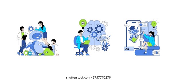 Vector illustration depicting people interacting with robots for AI development. Scenes include discussing gears, working on laptops, and exchanging ideas, highlighting human-robot teamwork.