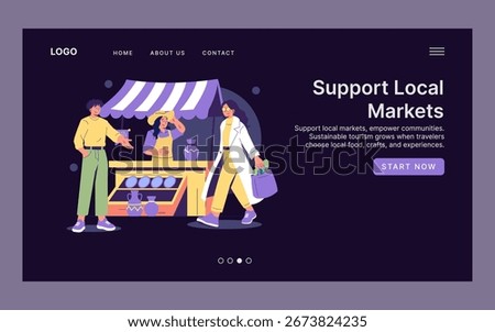 Vector illustration depicting people at a local market. A vendor selling goods is interacting with a visitor who is carrying a shopping bag. Concept emphasizes supporting local markets.