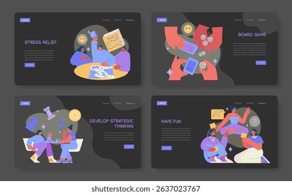 Vector illustration depicting people playing board games for stress relief, strategic thinking, and fun. Features diverse activities and interactions among participants.