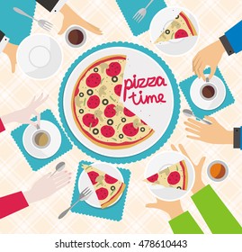 vector illustration depicting people at the table and pizza        
