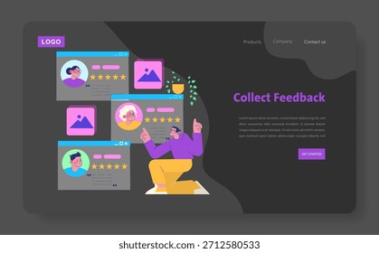 Vector illustration depicting a person analyzing online feedback with a positive expression. Features digital reviews, star ratings, and user interface elements for customer satisfaction.