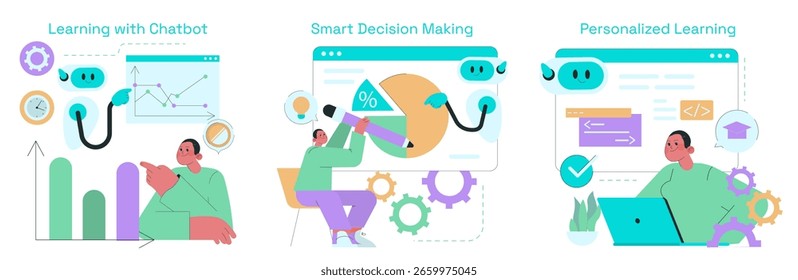 Vector illustration depicting a person engaging with a chatbot for learning. The scene includes charts, digital interfaces, and personalization, highlighting smart decision-making and education.