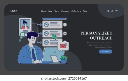 Ilustración vectorial que representa a una persona involucrada con herramientas de comunicación en línea para un alcance personalizado. Enfatiza la interacción digital a través de computadoras, perfiles y sistemas de mensajería.
