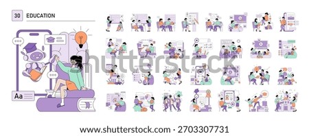 Vector illustration depicting a person engaging in an educational activity with a robot, symbolizing AI learning. Features educational icons, books, and an innovative atmosphere.
