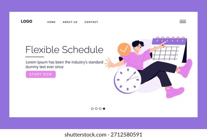 Vector illustration depicting a person interacting with a calendar and clock, symbolizing a flexible schedule. The image suggests time management and planning concepts for work-life balance.
