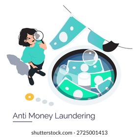 Ilustração vetorial representando uma pessoa observando o dinheiro sendo lavado, simbolizando a luta contra a lavagem de dinheiro. A arte destaca criativamente os esforços de prevenção de crimes financeiros.