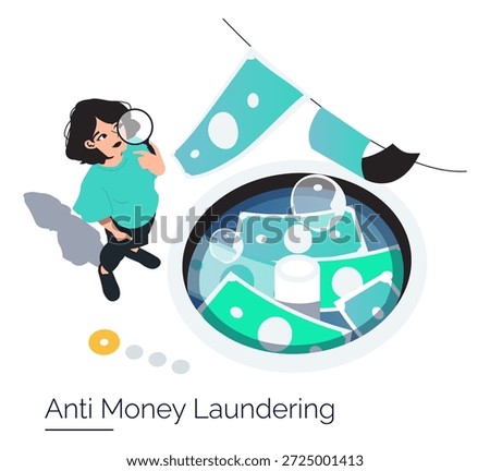 Vector illustration depicting a person observing money being washed, symbolizing anti-money laundering. The artwork creatively highlights financial crime prevention efforts.
