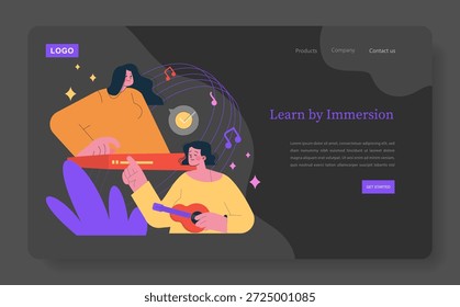 Ilustración vectorial que representa a una persona tocando una guitarra mientras otro escucha. Las notas musicales y los símbolos de comunicación resaltan la naturaleza interactiva del aprendizaje a través de la música.