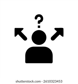 A vector illustration depicting a person with a question mark above their head, surrounded by two arrows pointing in different directions. This represents uncertainty in decision making.